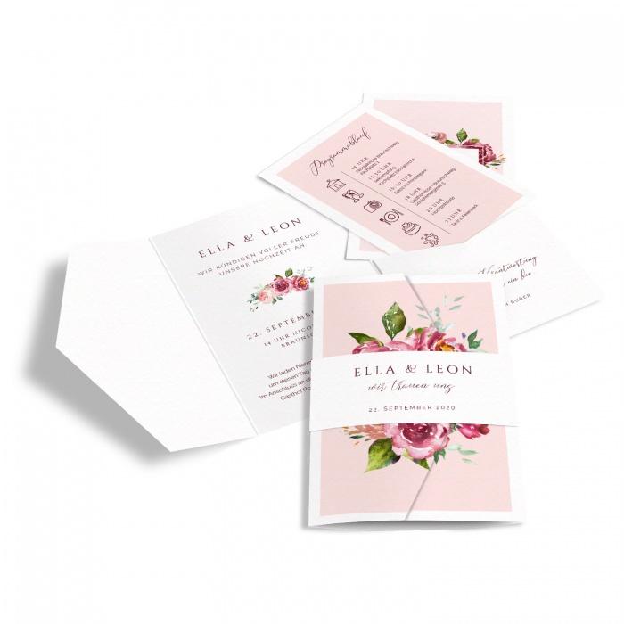 Einladung zur Hochzeit als Pocketfold in Rosa mit Watercolor Blumen