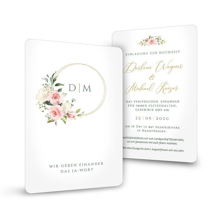 Hochzeitseinladung als Postkarte mit Goldreif und Blumen in Rosa