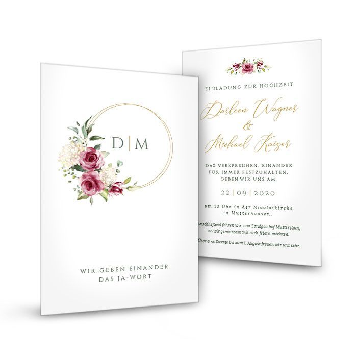 Einladung zur Hochzeit als Postkarte mit Goldreif und Blumen