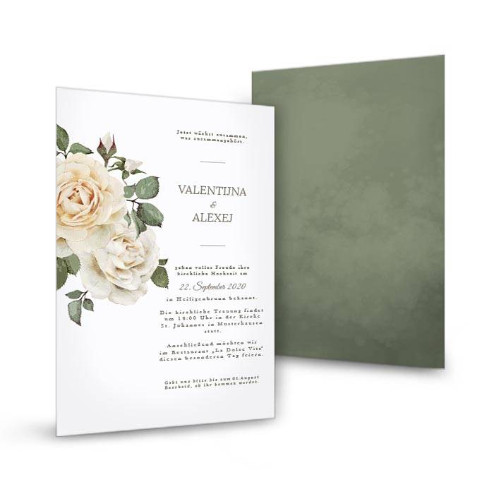 Einladung zur Hochzeit als Postkarte mit weißen Rosen