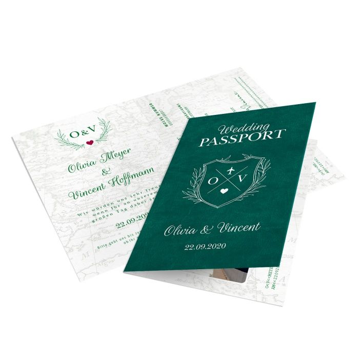 Einladung zur Hochzeit als Reisepass in Grün