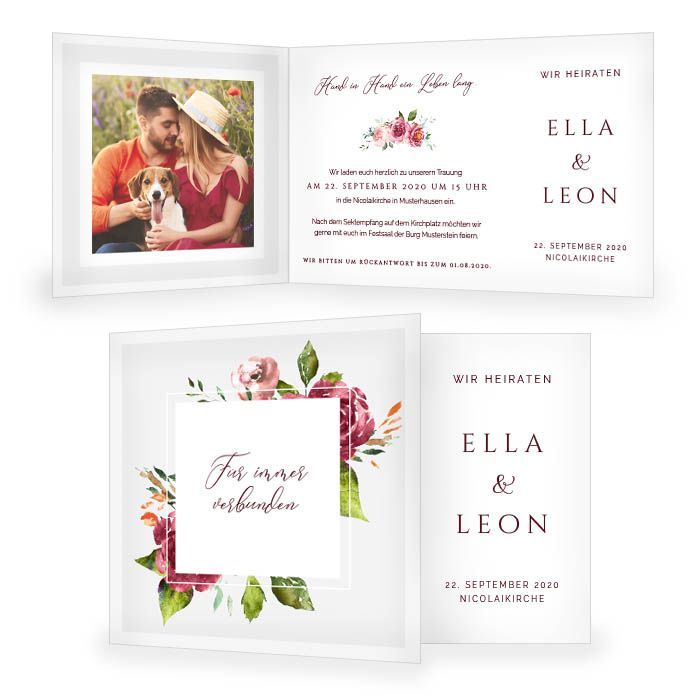 Hochzeitseinladung als Klappkarte und Watercolor Blumen