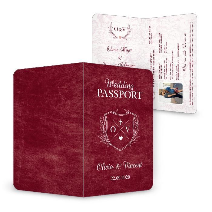 Hochzeitseinladung im Reise Design als Passport in Rot