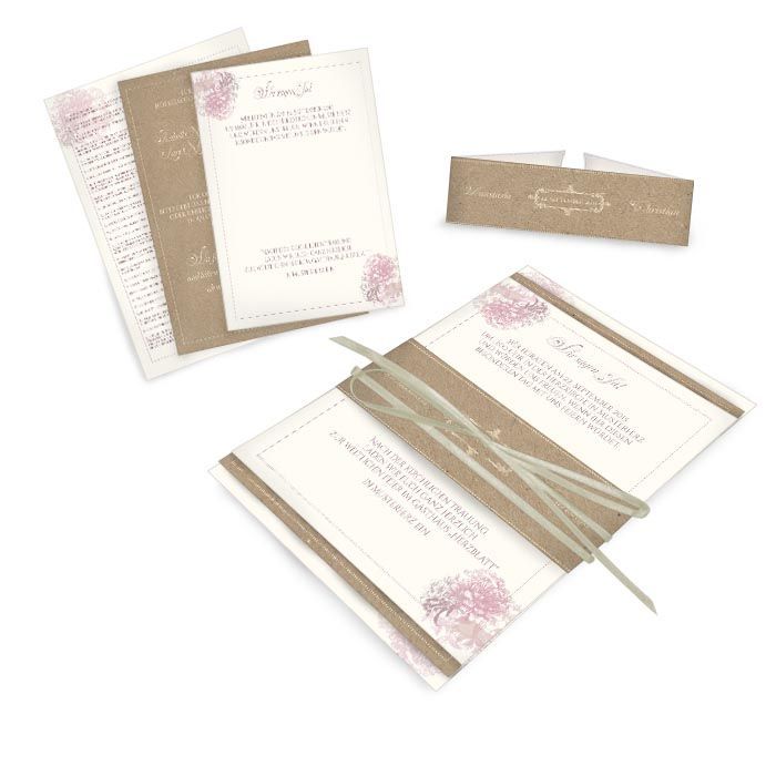 Vintage Hochzeitseinladung als Kartenset mit Blüten in Rosa