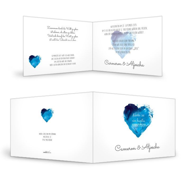 Hochzeitseinladung als Klappkarte mit Watercolour blauem Herz