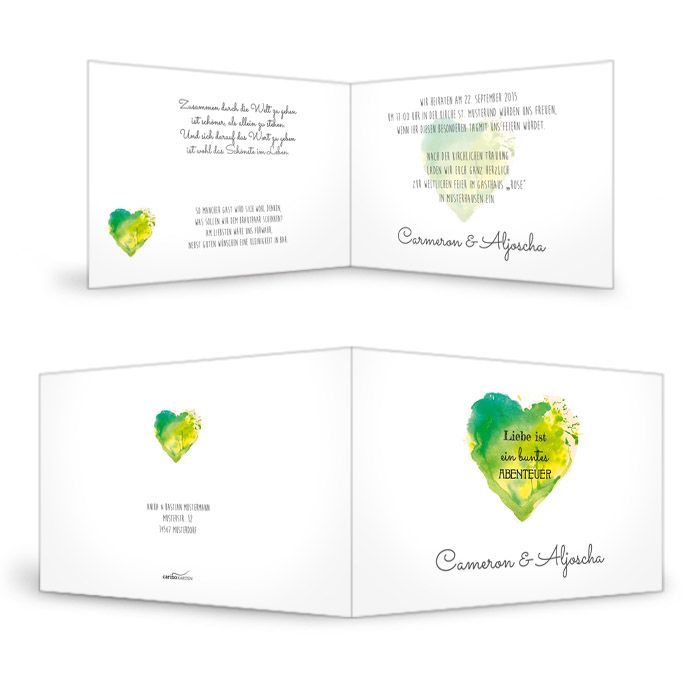 Hochzeitseinladung als Klappkarte mit Watercolour grünem Herz