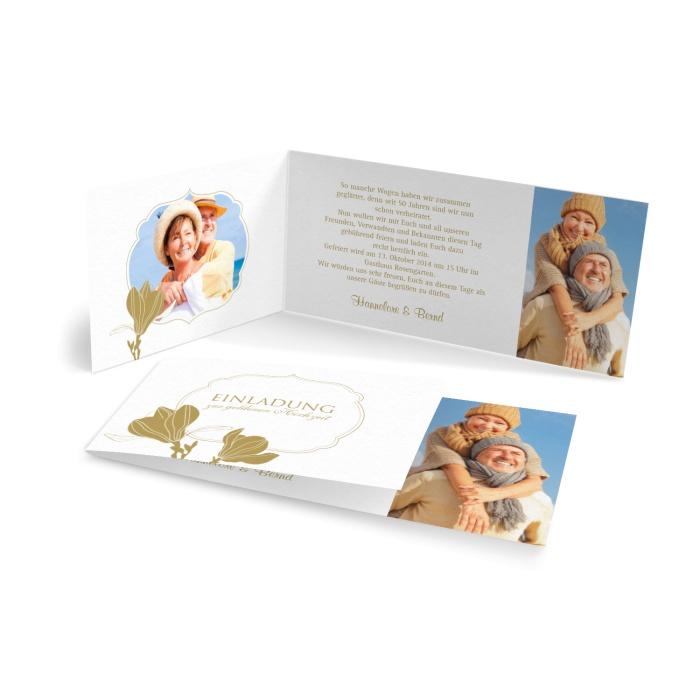 Elegante Einladungskarte zur Goldenen Hochzeit mit Blumen in Gold