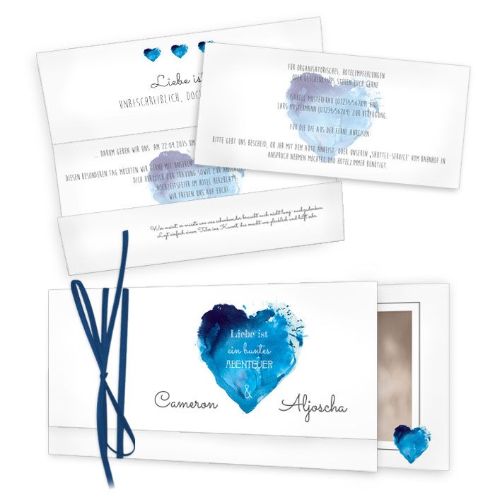 Bezaubernde Hochzeitseinladung mit Watercolor Herz in Blau