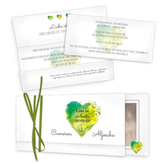 Bezaubernde Hochzeitseinladung mit Watercolor Herz in Grün