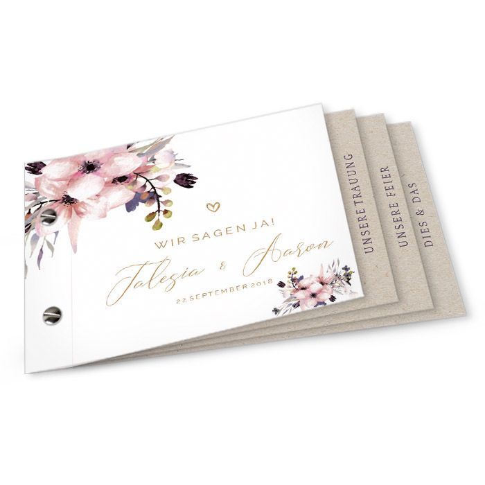 Einladung zur Hochzeit mit zarten Aquarellblumen als Booklet