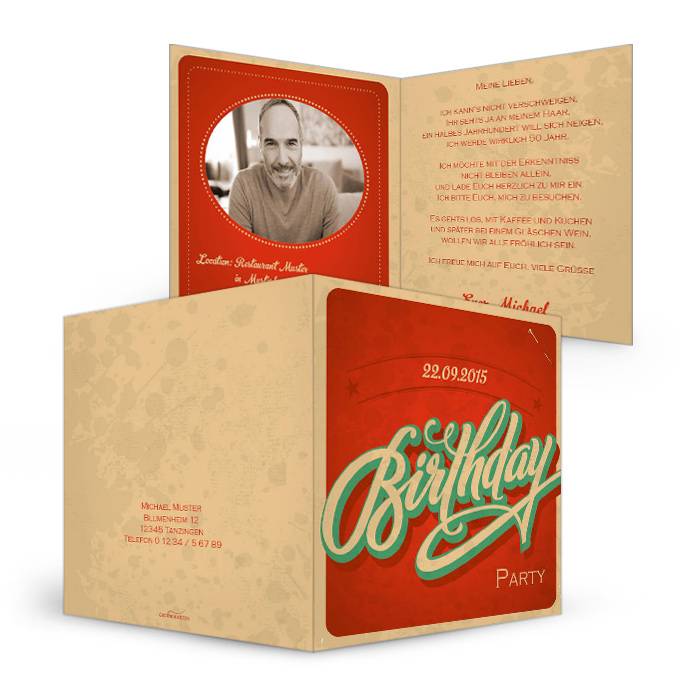 Einladung Im Retro Design Mit Coolem Birthday Schriftzug Carinokarten