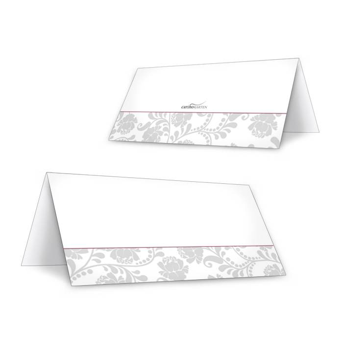 Weiße Tischkarte mit Ornament in Grau zur Silberhochzeit