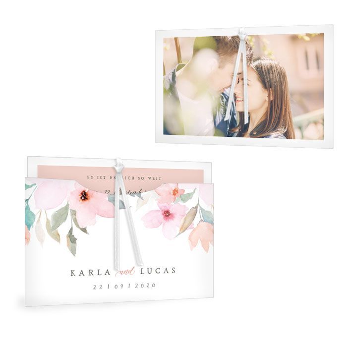 Einladung zur Hochzeit als Einsteckkarte mit rosa Blüten