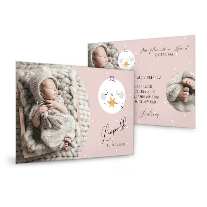Einzigartige Babykarte in Rosa mit Sternen und Fotos von Ihrem Liebling
