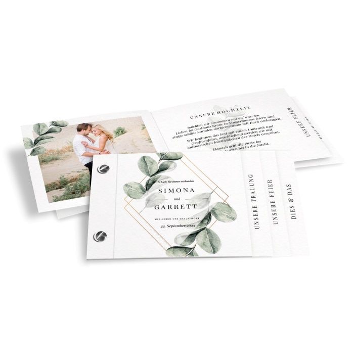 Elegante Greenery Hochzeitseinladung mit Eukalyptus und Geometrierahmen