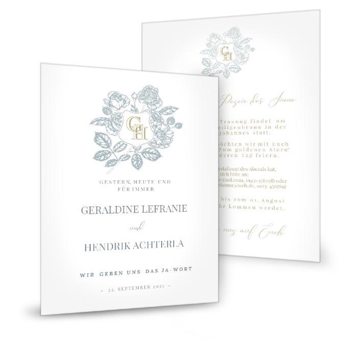 Elegante Hochzeitseinladung mit Wappen, Initialen und stilisierten Rosen in Blau