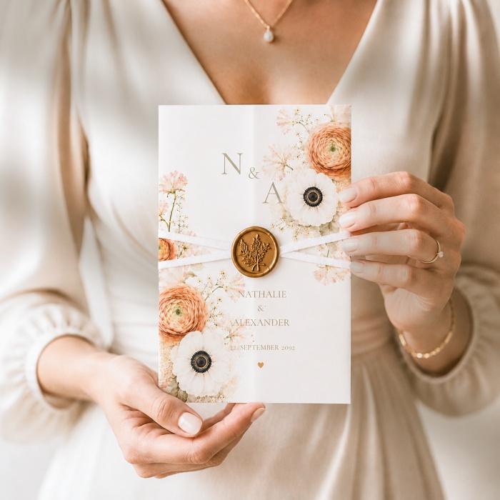 Elegante Hochzeitseinladung mit Transparentpapier, Wachssiegel, Satinband und Aquarellblumen