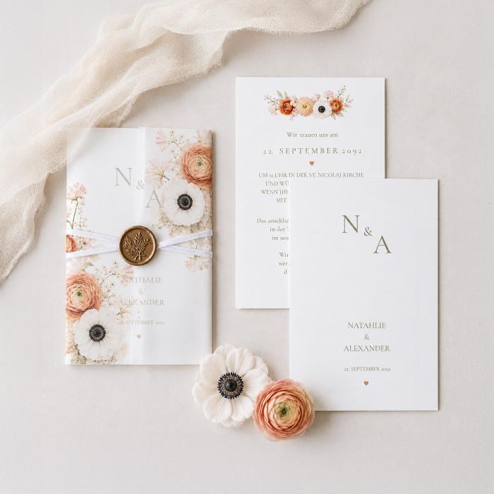 Elegante Hochzeitseinladung mit Transparentpapier, Wachssiegel, Satinband und Aquarellblumen