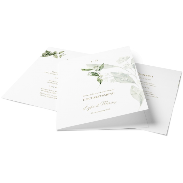 Elegante Menükarte für die Greenery Hochzeitsfeier mit Eukalyptus