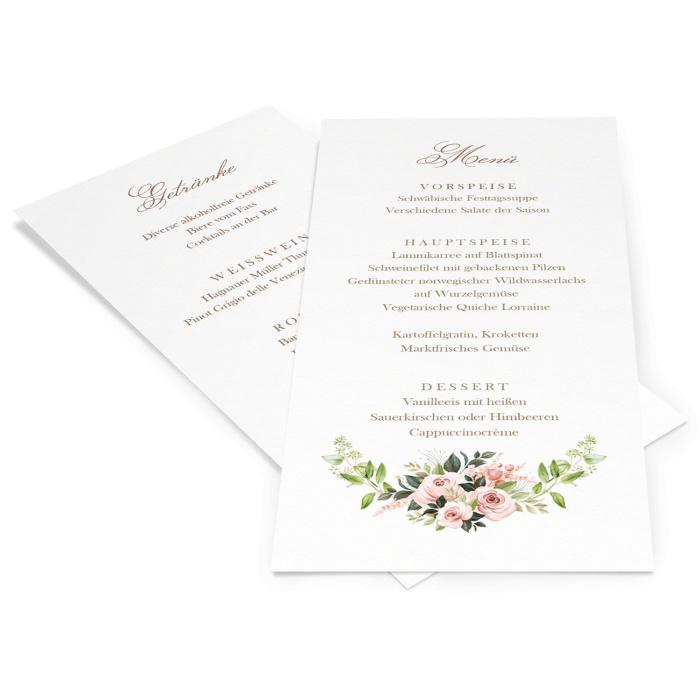 Elegante Postkarte für Ihr Hochzeitsmenü mit rosa Rosen - online selbst gestalten