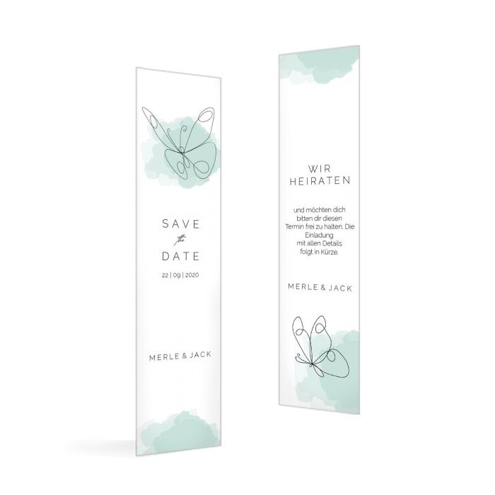 Elegante Save the Date Karte als Lesezeichen mit dekorativem Lineart Schmetterling in Grün