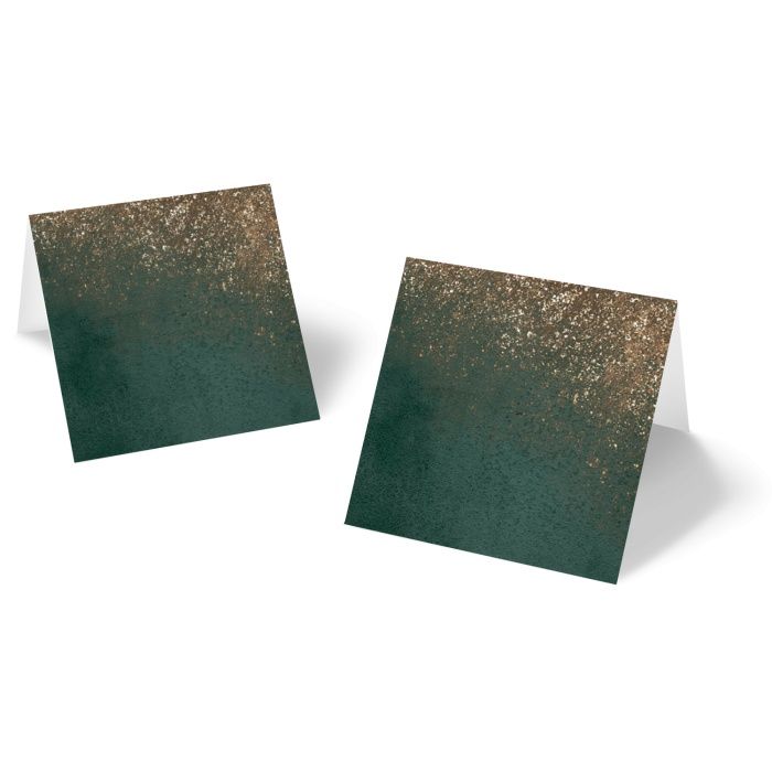 Elegante Tischkarten mit dunkelgrüner Aquarellstruktur und Goldbrush zum Beschriften