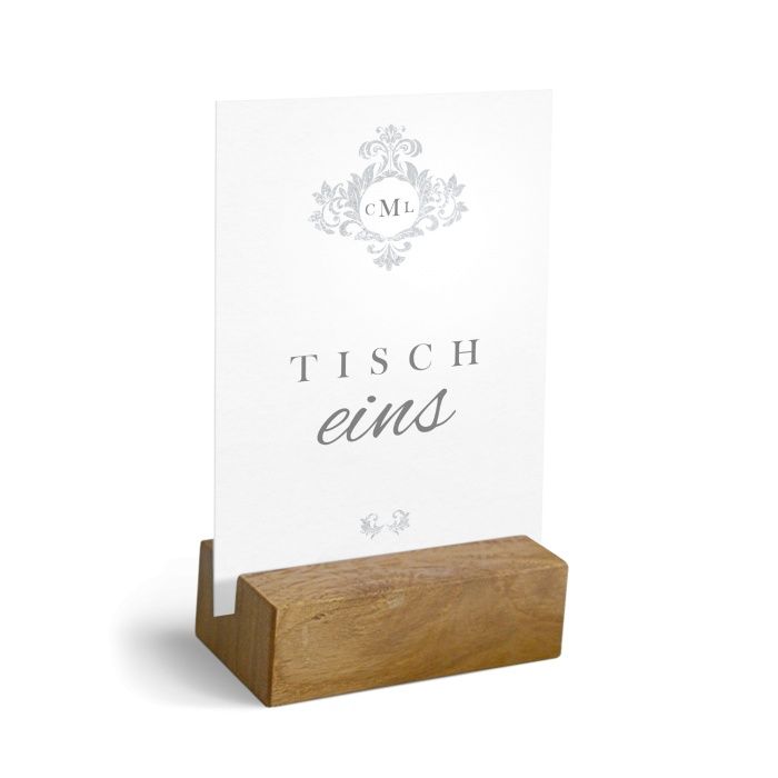 Elegante Tischnummer Karte für die Hochzeit im Holzaufsteller - online selbst gestalten