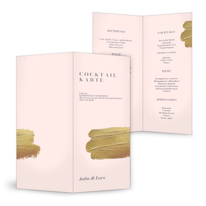Elegante und moderne Cocktailkarte für eure Hochzeit in Rosa mit Goldbrush