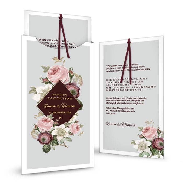 Elegante Hochzeitseinladung als Einsteckkarte mit Rosen
