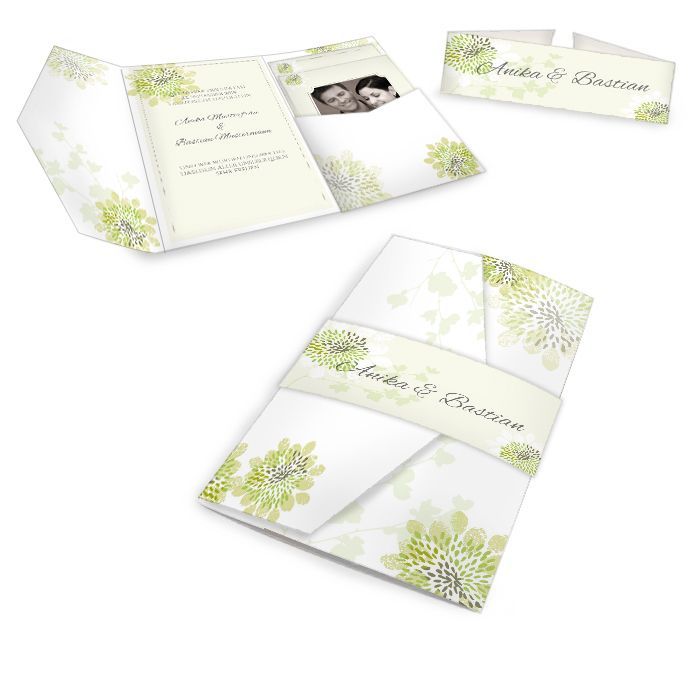 Pocket Fold Hochzeitseinladung mit zarten grünen Blüten