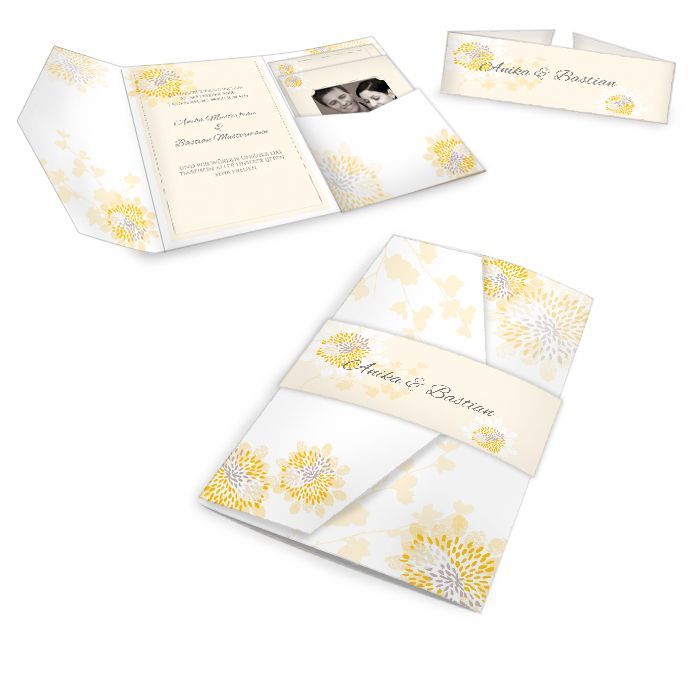 Pocket Fold Hochzeitseinladung mit zarten gelben Blüten