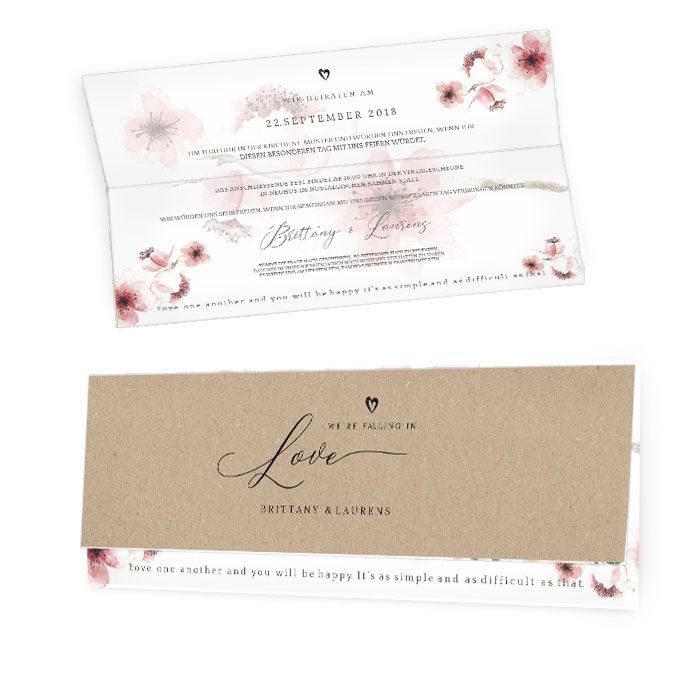 Elegante Hochzeitseinladung mit Kirschblüten und Kraftpapier