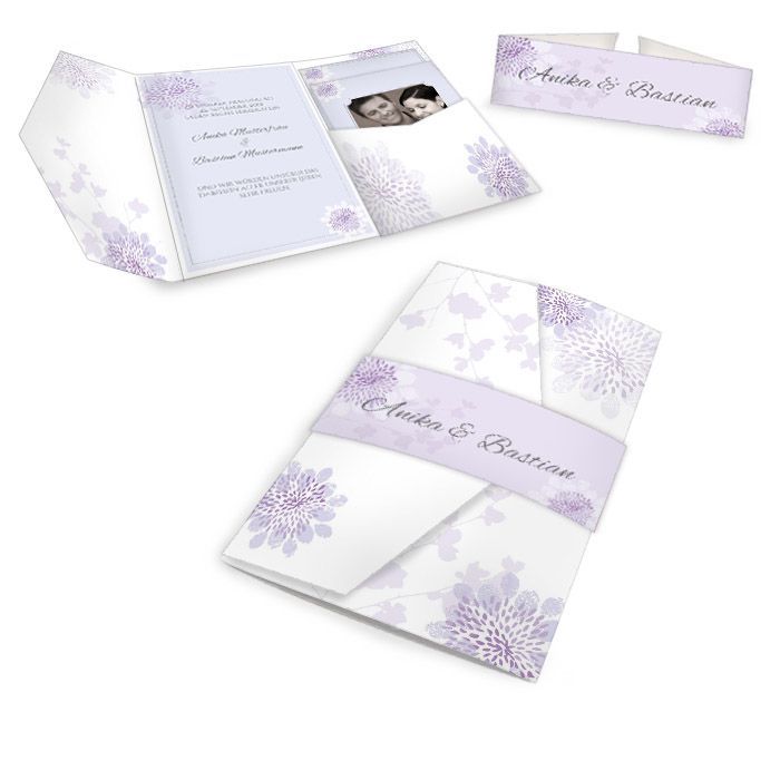 Pocket Fold Hochzeitseinladung mit zarten Blüten in Flieder