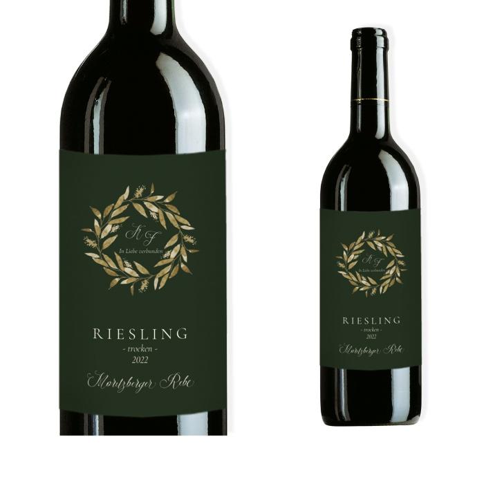 Elegantes Etikett für Weinflaschen in Dunkelgrün mit Aquarellkranz - online selbst gestalten