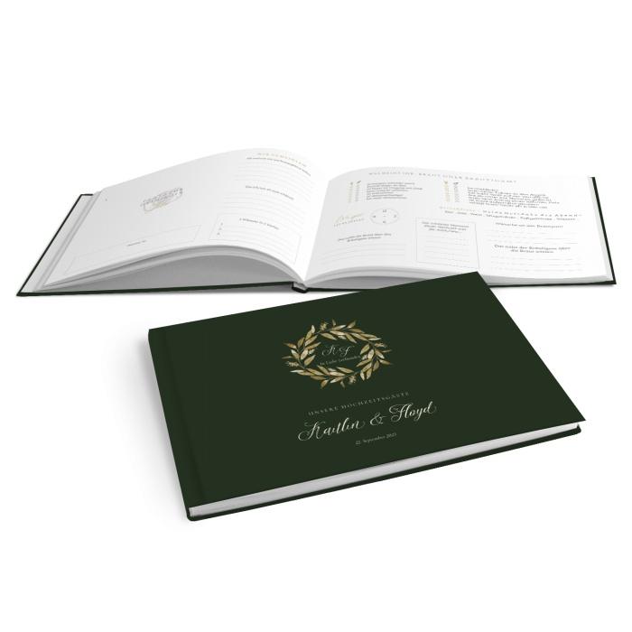 Elegantes Gästebuch in Dunkelgrün mit goldfarbenen Aquarellkranz - online selbst gestalten