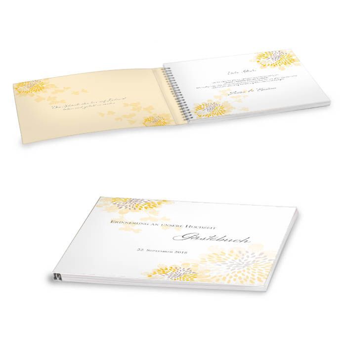 Verspieltes Gästebuch zur Hochzeit in Gelb mit Softcover