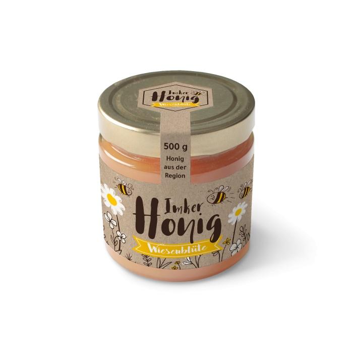 Etikett für Honiggläser mit gezeichneten Bienen und Blumen
