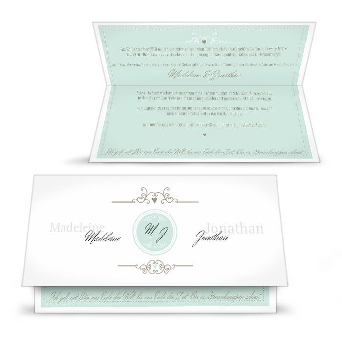 Hochzeitseinladung mit elegantem Monogramm in Mint