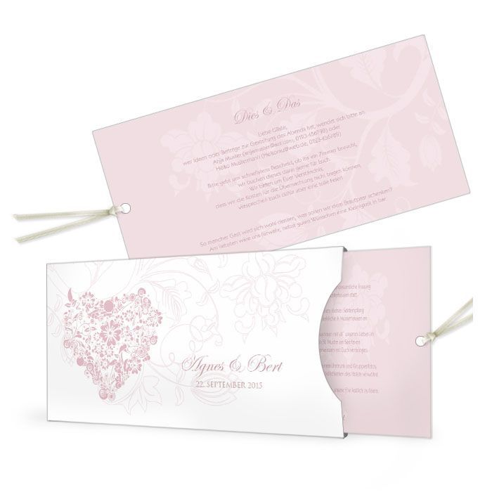 Einladung zur Hochzeit als Einsteckkarte mit Herz in Rosa