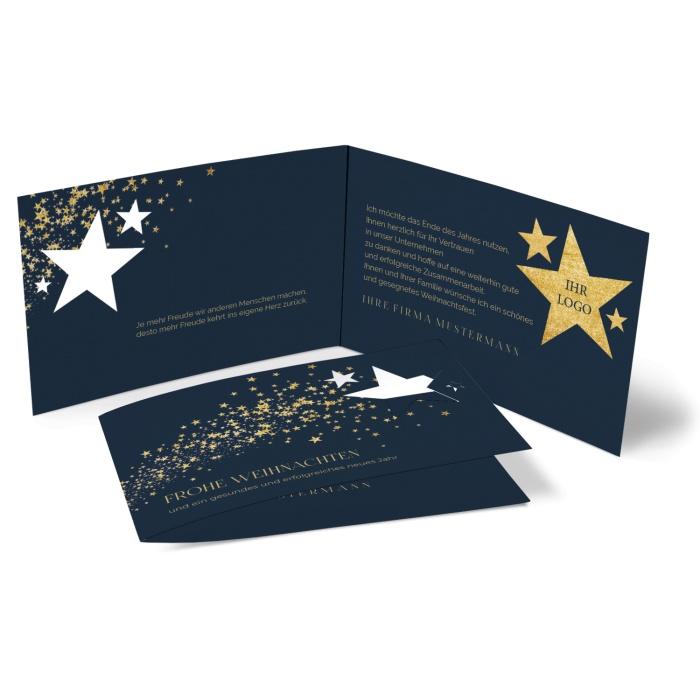 Firmen Weihnachtskarte in Blau mit Sternen Ausstanzung und goldenen Sternenschweif