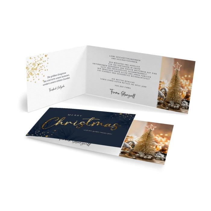 Firmen Weihnachtskarte mit goldenen Christmas Schriftzug in Dunkelblau