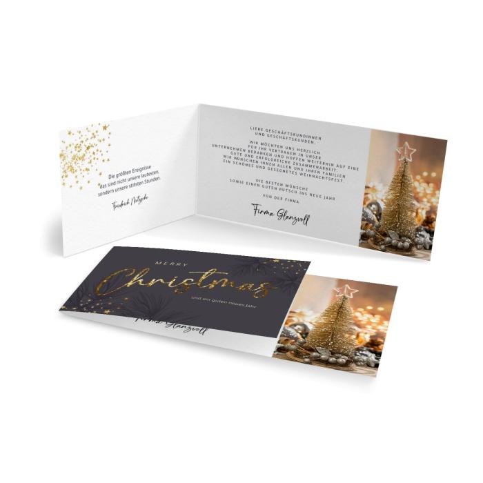 Firmen Weihnachtskarte mit goldenen Christmas Schriftzug in Schokobraun