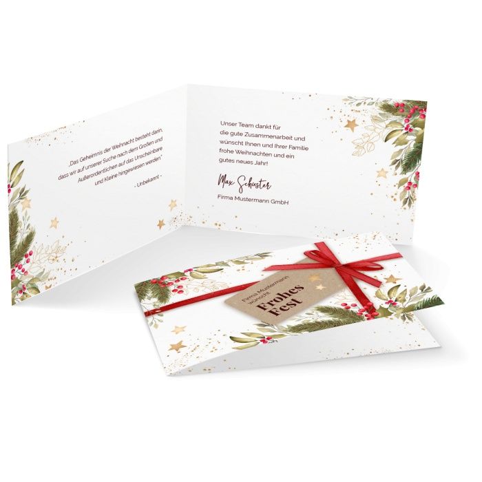 Firmen Weihnachtskarte als Geschenkmotiv mit Schleife in Wei&szlig;