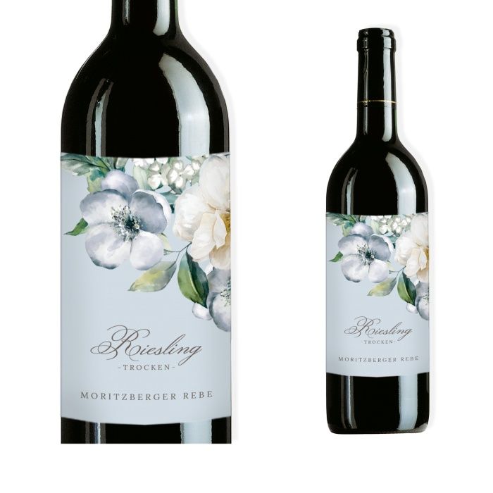 Flaschenetikett für Weinflaschen im floralen Design in Graublau
