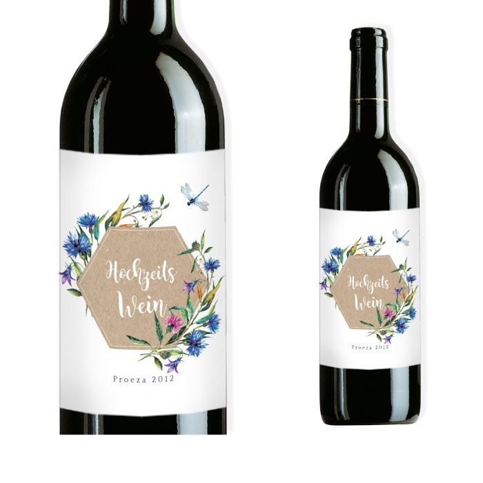 Flaschenetikett für den Hochzeitswein mit Wildblumen