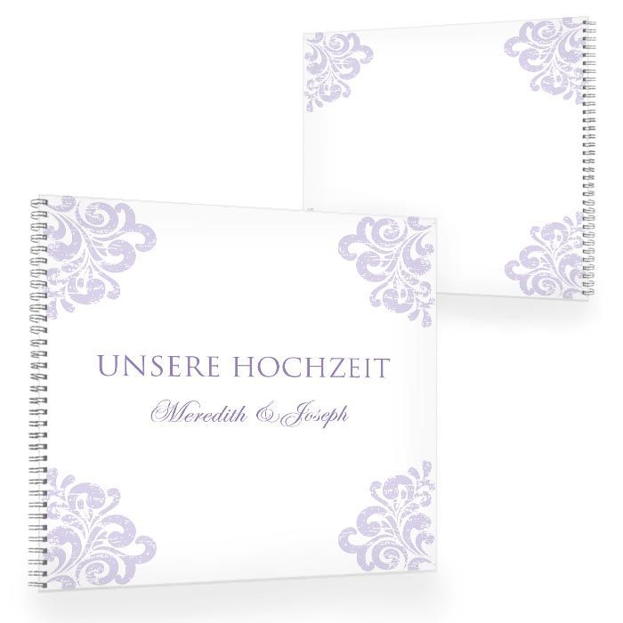 Edles Gästebuch zur Hochzeit mit barockem Design in Flieder