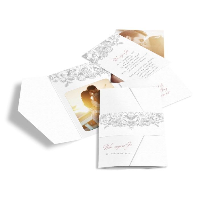 Florale Pocket Fold Einladung zur Hochzeit in Weiß und Grau