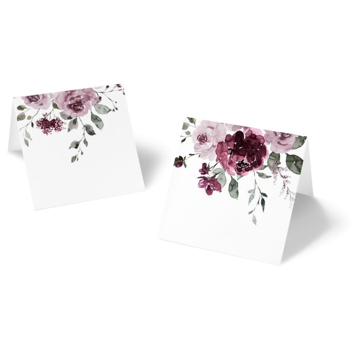 Florale Tischkarten mit Aquarellrosen in Bordeaux zum Beschriften