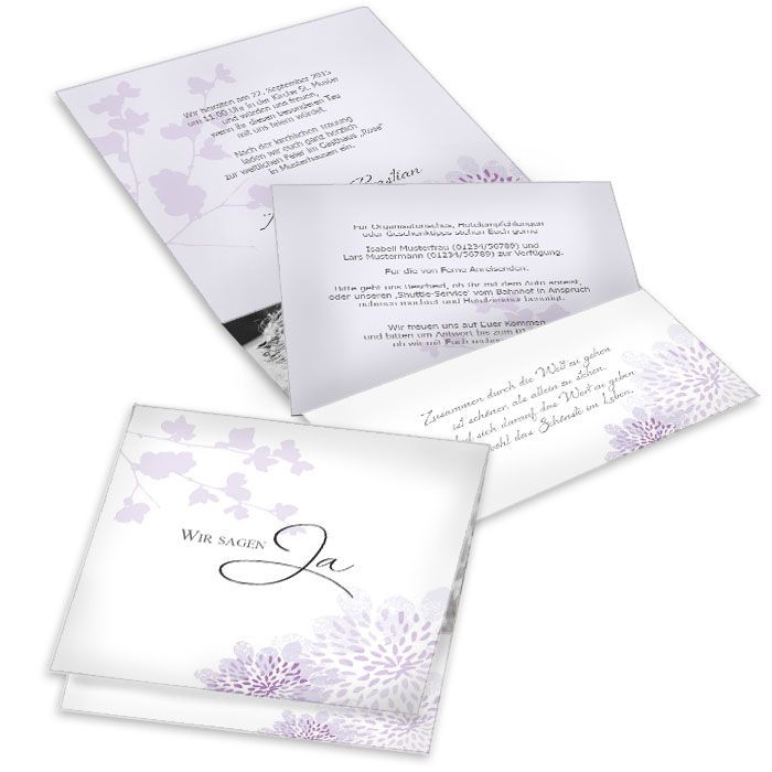 Pocket Fold Hochzeitseinladung mit Blüten in Flieder