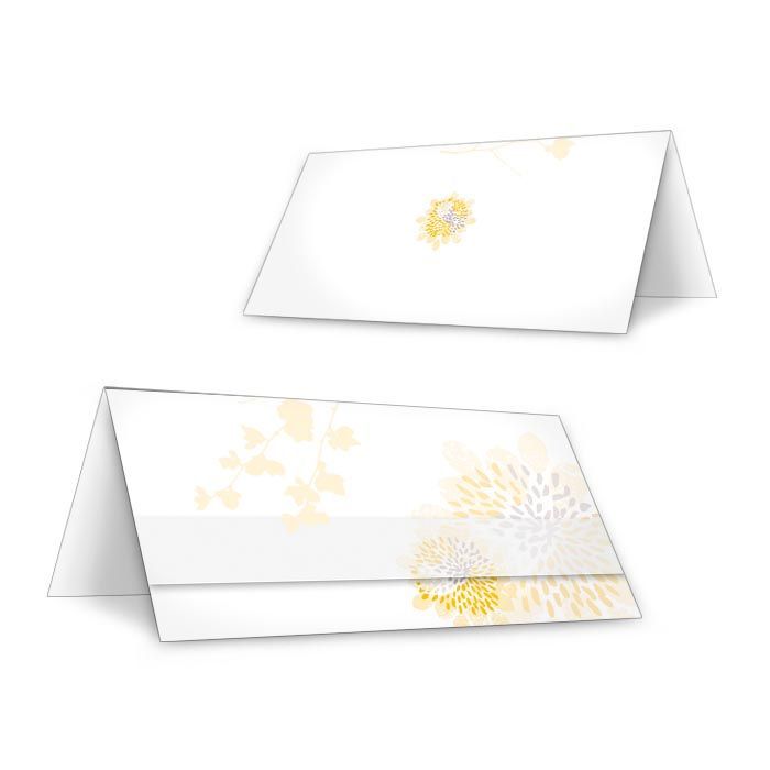 Tischkarte zur Hochzeit in Gelb mit Blütenmuster